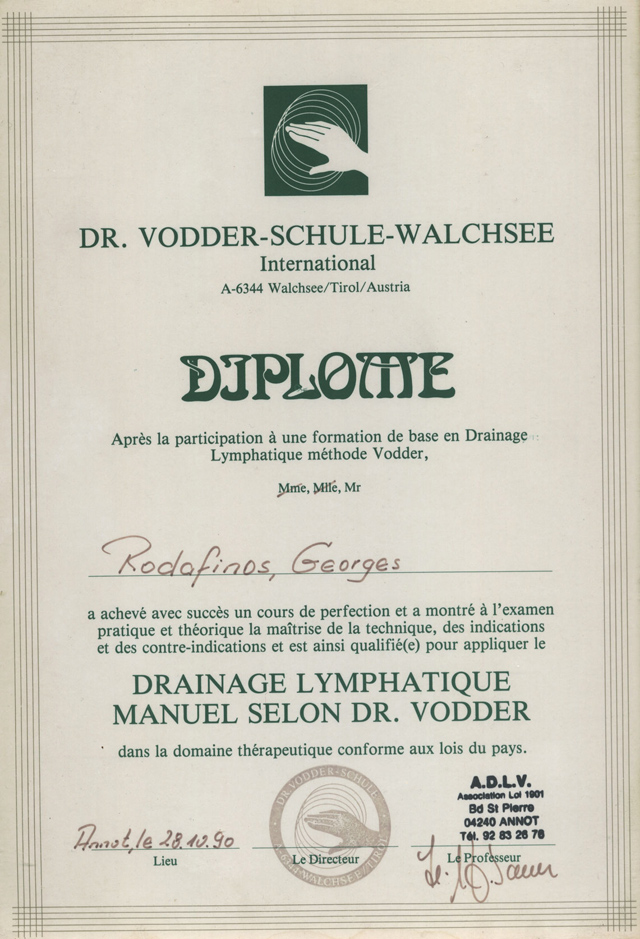 Manual Lymph Drainage Diploma, 1990, Annot, France