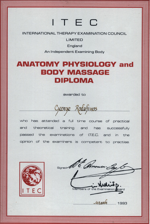ITEC Diploma in Anatomy, Physiology and Massage, 1993, London, United Kingdom