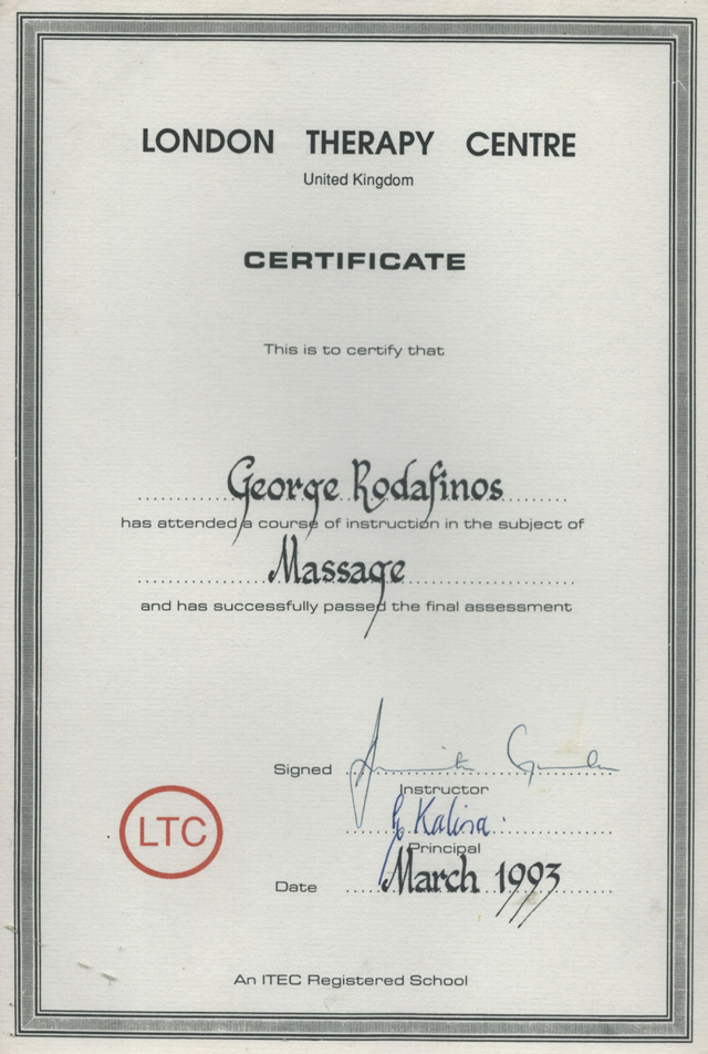Massage Certificate, 1993, London, United Kingdom